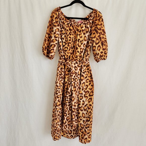 kate spade Dresses & Skirts - KATE SPADE Orange/Brown Leopard Print Off Shoulder Midi Dress Size 14 LIKE NEW!
